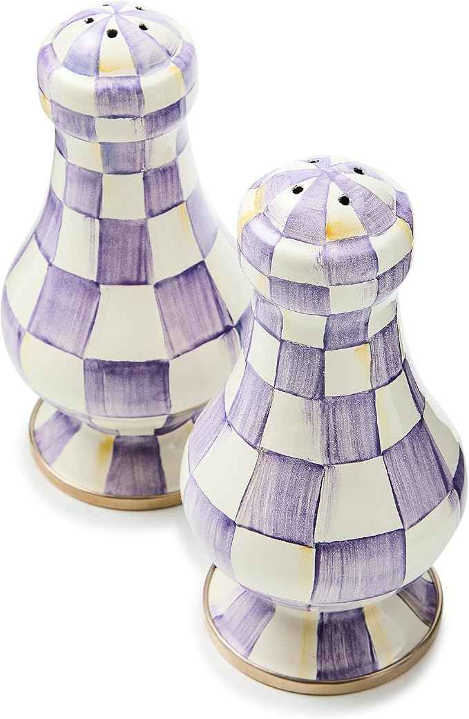 MACKENZIE-CHILDS Enamel Salt and Pepper Shakers, Kitchen Table Accessories, Large, Purple-and-White Violet Check