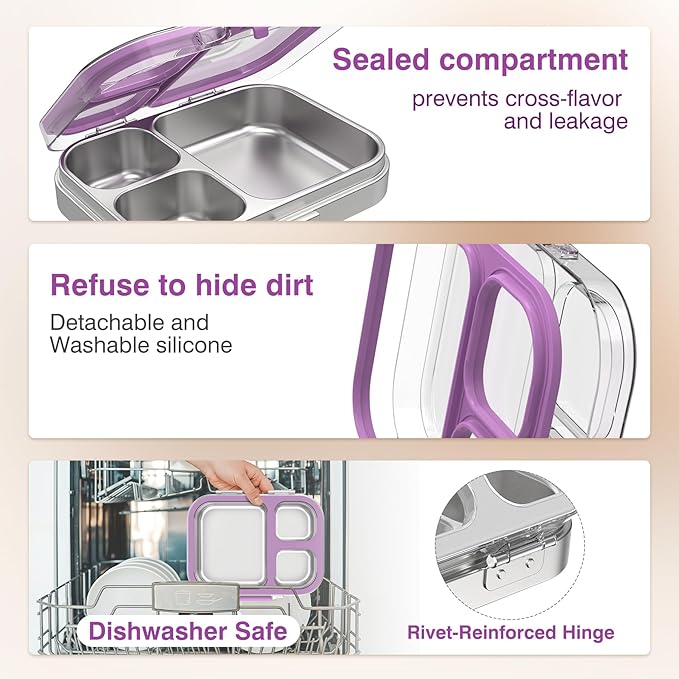 HOMEKOL Stainless Steel Bento Lunch Box, 3-Compartment Leak-Proof Lunch Container for Kids & Adults, BPA/BPS-Free 304 Metal Food Box, Dishwasher Safe, Clear Tritan Lid, Purple (Not Insulated)
