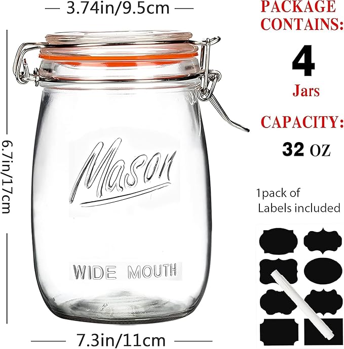 Anwoi Wide Mouth Glass Jars with Airtight Lid 32OZ 4 Pack, Kitchen Storage Large Clear Canister Jars with Hinged Lid with Measurement Marks For Canning,Coffee,Flour,Sugar,Beans