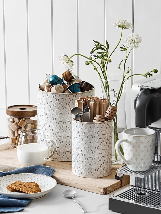 LE TAUCI Utensil Holder for Kitchen Counter - 7.1"+5.4" Ceramic Kitchen Utensil Holder Set of 2, Large Cooking Utensil Crock & Organizer for Spatula, Spoon - Embossed Kitchen Decor, White,Fireworks