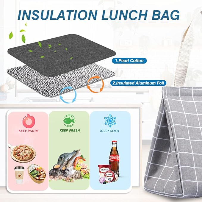 iknoe Insulated Lunch Bag for Women & Adults, 9L Foldable Wide-Open Cooler Bag with Pockets, Leakproof & Portable, for Picnic, Office, Beach(Gray grid)