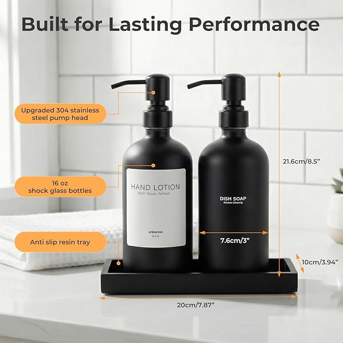 2 Packs Glass Soap Dispenser Set for Kitchen, Hand and Dish Soap Dispenser with Stainless Steel Pump & Resin Tray, Rental-Modern Refillable Countertop Soap Dispenser for Kitchen Hotels,Matte Black