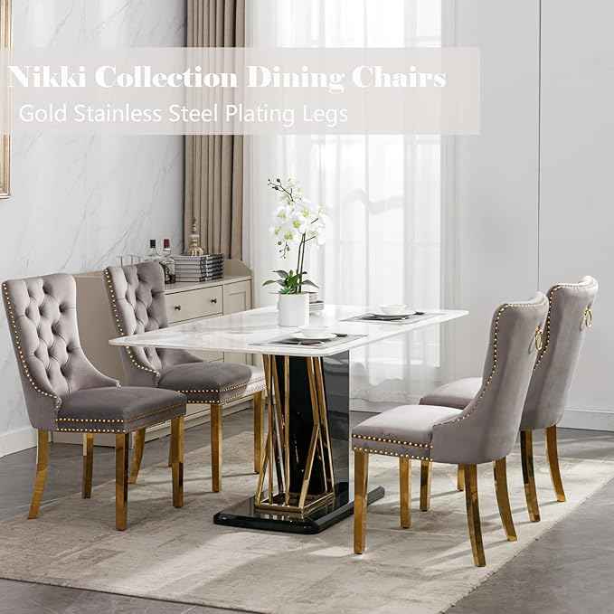 Gray Velvet Dining Chairs Set of 4, Upholstered Dining Room Chairs with Back Ring Pull Trim and Golden Stainless Steel Legs,Modern Kitchen Chairs for Dining Room,Living Room,Kitchen(Grey)