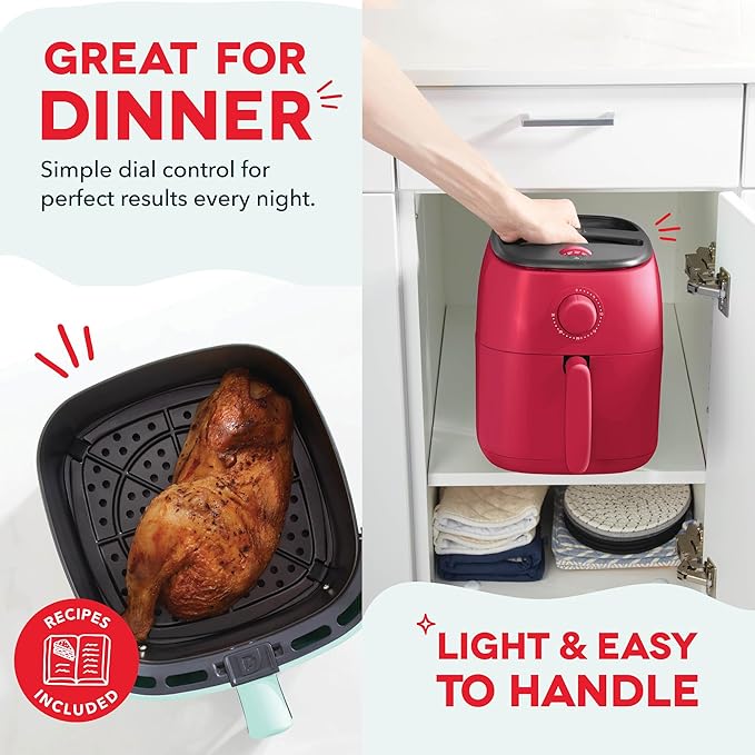 Dash Tasti-Crisp™ Air Fryer - AirCrisp® Technology - Compact Design with Adjustable Temperature Control - Nonstick Fry Basket & Auto Shut-Off Feature - 2.6 Quarts - Red