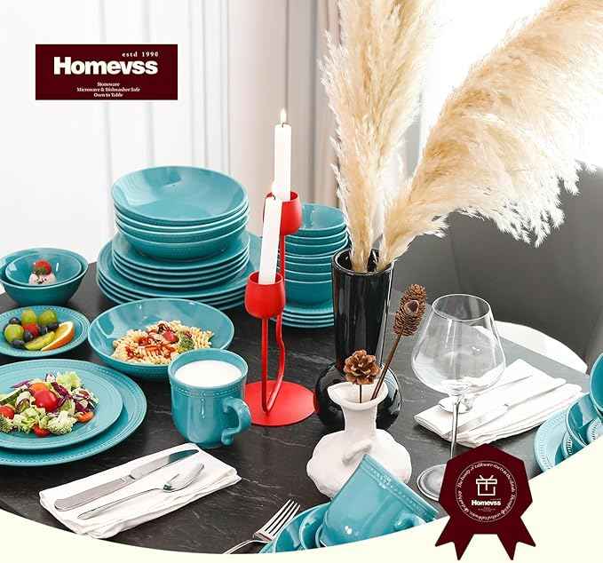 Pearl Dots Stoneware Dinnerware Set (Turquoise, 56pc Set)