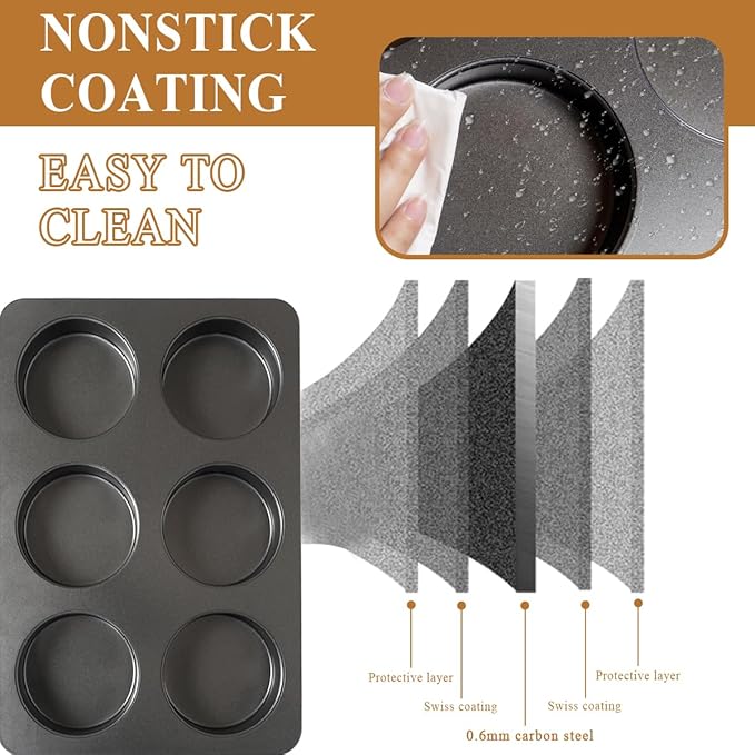 6 Cup Jumbo English Muffin Pan with Lid, Nonstick Straight Side Baking Pan, Hamburger Burger Bun Mold for Baking Egg Sandwich Frittata Cinnamon Roll Focaccia Quiche Pancake