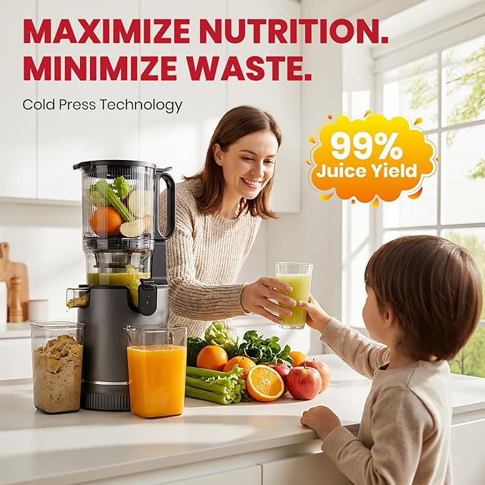 LAUDLIFE Cold Press Juicer Machine, 5.9" Wide Feed Chute Juice Extractor, 80 oz Large Hopper, Easy to Clean & High Juice Yield, BPA Free, Slow Masticating Juicer for Whole Fruits & Vegetables