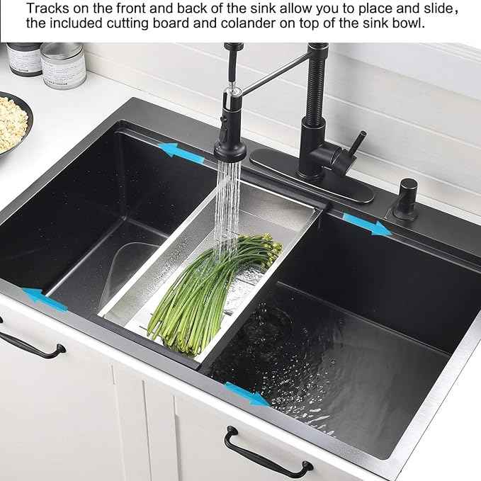 28 Inch Black Drop In Kitchen Sink Workstation - VOKIM 28x22-Inch Drop In sink 16 Gauge Stainless Steel 10'' Deep Single Bowl Handmade Kitchen Sink with Cutting Board & Strainer