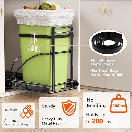 Under Sink Trash Can Pull Out, Reinforced Heavy Duty Steel Frame Slider, No Can/Fits 7-13 Gal 50Qt Garbage Bin/Quiet Close Slides, Pull Out Trash Can Under Counter for Minimum Cabinet 13"Wx19"Dx17"H