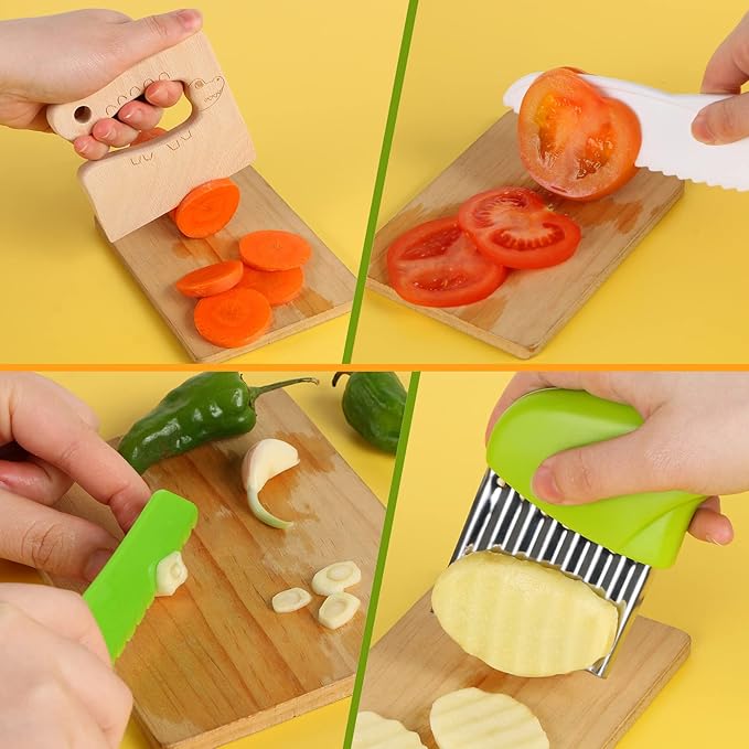 10PCS Kids Knife Set, Toddler Safe Knives for Real Cooking, Serrated Edges, Kids Cooking Utensils, Kitchen Tools for Toddlers, Potato Slicers, Cake Scraper