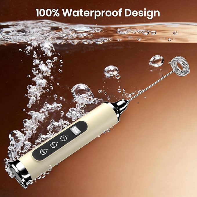 YUSWKO Milk Frother Wand for Coffee, Handheld Coffee Frother, Rechargeable Drink Mixer, Waterproof Electric Whisk, Beige