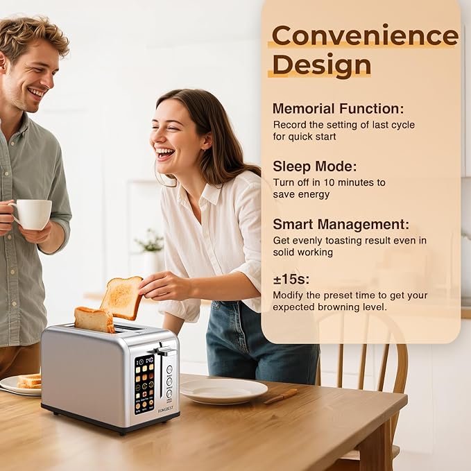 2 Slice Touch Screen Toaster with Wide Slots Stainless Steel Toasters Even Toasting for Bagels & Bread, Reheat & Defrost, Easy Removable Crumb Tray, Silver