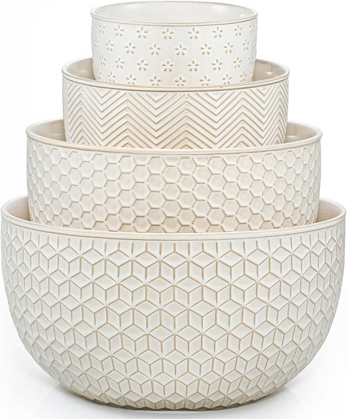 Ceramic Mixing Bowls, Embossed Nesting Bowls Set of 4, Mixing Bowl Set for Serving, Baking, Cooking and Gift, Microwave and Dishwasher Safe, 20/47/99/148 oz, Off-White