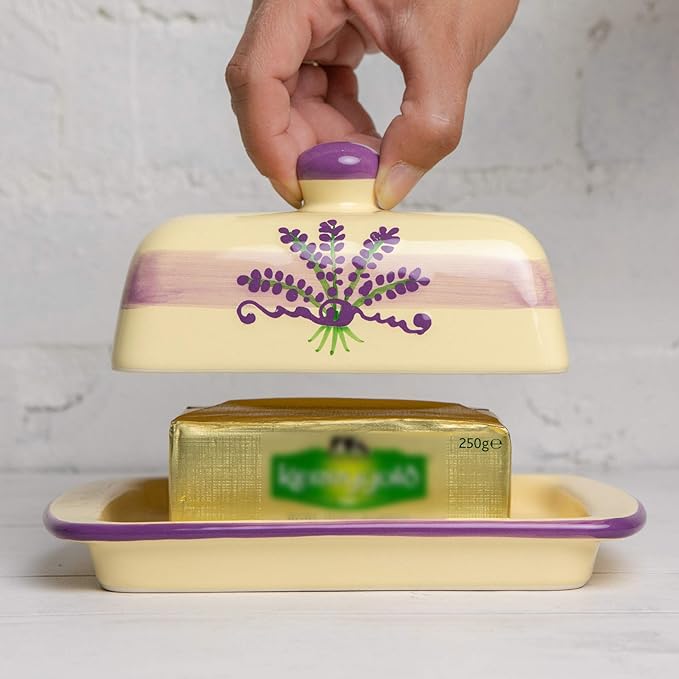 City to Cottage Large Butter Dish with Lid for Countertop, Ceramic Butter Keeper, Butter Container with Knob Handle, Butter Holder Tray with Cover, Handcrafted Cream Lavender Floral Butter Dish