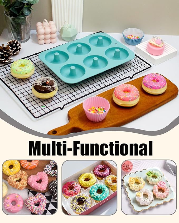 3 Pack Silicone Donut Pan for Baking, Non-Stick Doughnut Pan, 6 Cavity Heritage Bundtlette Cake Silicone Mold for Baking (Blue+Gray+Pink)