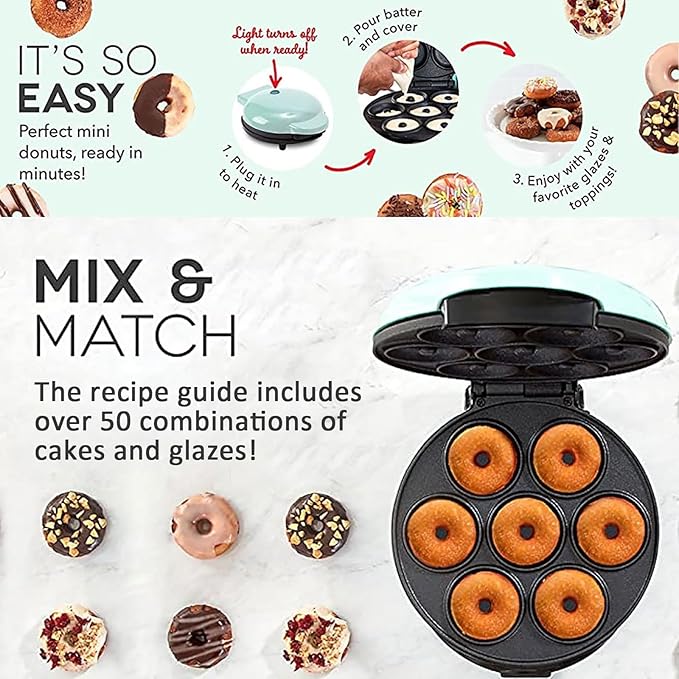 Mini Donut Maker,Electric Mini Doughnut Maker Machine, Makes 7 Mini Donutss, Non-Stick Mini Donut Machine, Easy Clean Doughnuts Maker Kit red (Pink)