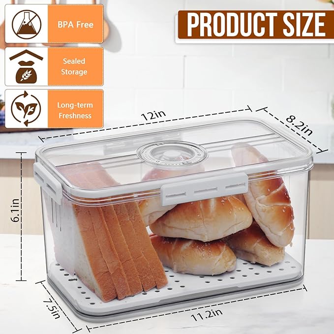 Gifhomfix Bread Box Bread Boxes for Kitchen Counter Airtight, Time Recording Bread Storage Container with Lid, Bread Keeper for Homemade Bread, Toast, Bagel, Donut and Cookies, LARGE White