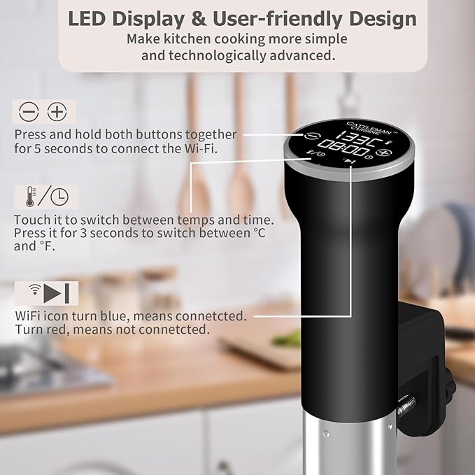 CATTLEMAN Sous Vide Cooker WiFi, 1000W, IPX7 Waterproof, Immersion Circulator for Sous-Vide, Suvee Cooker, Sous Vide Machine with Cookbook, Precision Temperature & Timer, Noise-free