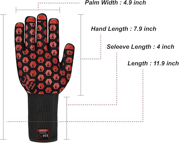J H Heat Resistant Oven Glove:EN407 Certified 932 °F, 2 Layers Silicone Coating, Oven Mitts for Cooking, Kitchen, Fireplace,Camping, Grilling (Black/Red, Extra Long Cuff (Upgrade Comfortable FIT))