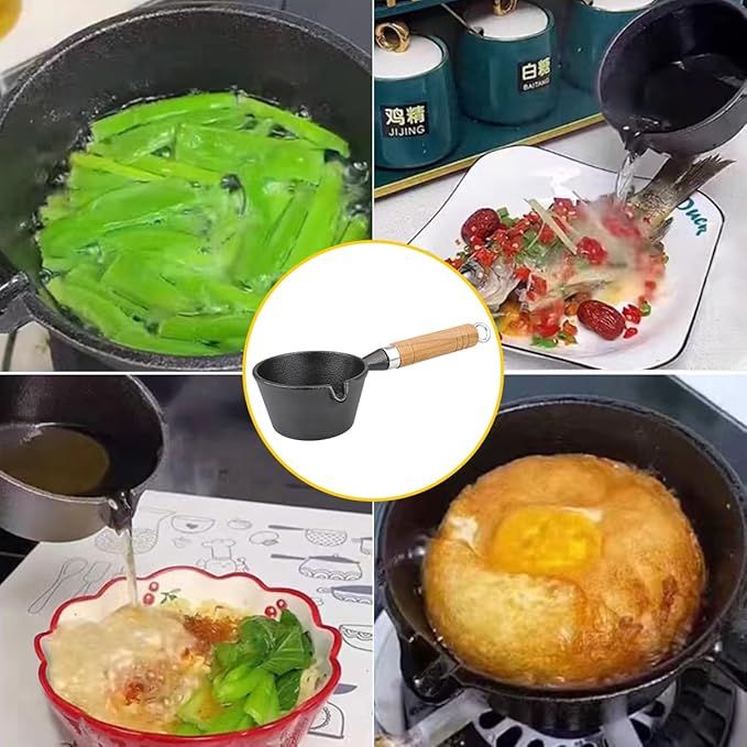 Cast Iron Pot, Egg Frying Pan Butter Warme Iron Oil Heating Pot with Wooden Handle for Kitchens Cooking, 4.3x10.8 Inch