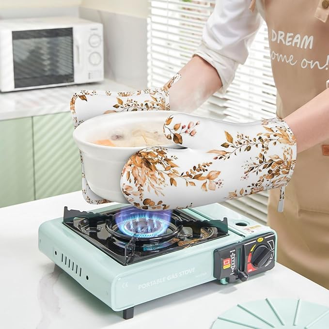 Orange Eucalyptus Oven Mitts and Pot Holders Set, 4pcs Silicone Fall Watercolor Plant Leaves with Floral Oven Glove for Kitchen Heat Resistant Oven Mitts and Potholders Non-Slip for Cooking