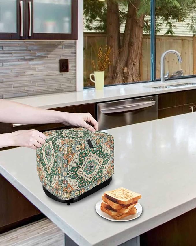 Green Orange Beige Boho Toaster Cover 2 Slice, Retro Ethnic Tribal Dustproof Bakeware Oven Protector with Top Hook, Abstract Art Waterproof Small Kitchen Appliance Toasters Dust Cover, 12"x7.5"x8"