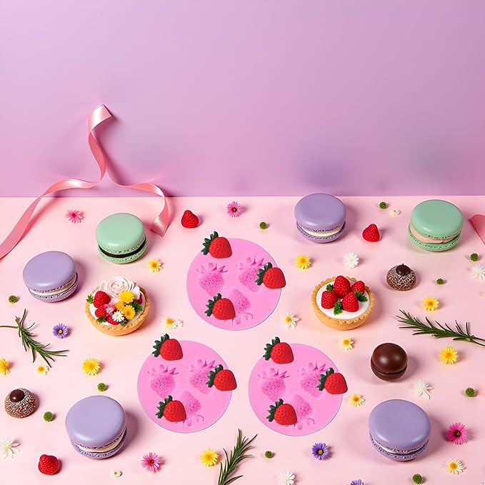 3Pcs Pink 3D Strawberry Silicone Mold Soap Sugar Fondant Molds DIY Cake Chocolate Decorating Tool Candy Biscuit Fondant Molds For Cake Decorating Kitchen Cookware, Pastry and Baking