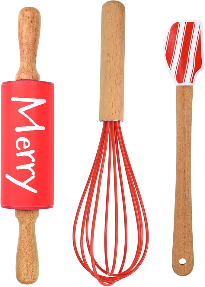 Christmas Holiday Mini Bake Set. Includes mini-Spatula, Whisk and Rolling Pin. Great Christmas gift idea for teachers, and stocking stuffers.