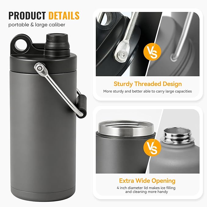 Kerilyn Insulated Hlalf Gallon Jug with Handle, 64oz Stainless Steel, Large Double Vacuum Water Bottle for Hot & Cold Drinks, Wide Mouth, Sweat Proof, Great for Travel, Camping, Grey