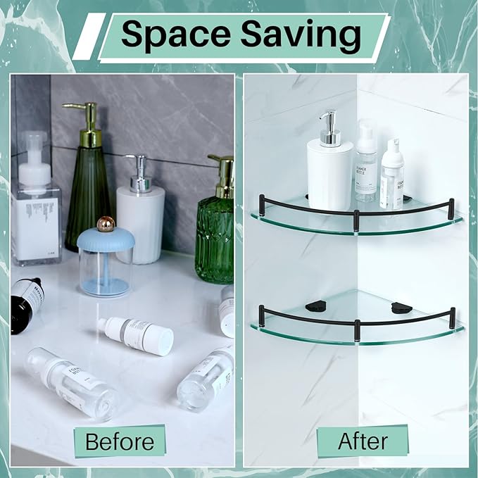 Crowye 4 Pcs Corner Shower Shelf 2-tier Glass Corner Shelf Stainless Steel Wall Mounted Bathroom Organizer for Storing Shower Gel Shampoo Brush, 9.25 Inches (Black)