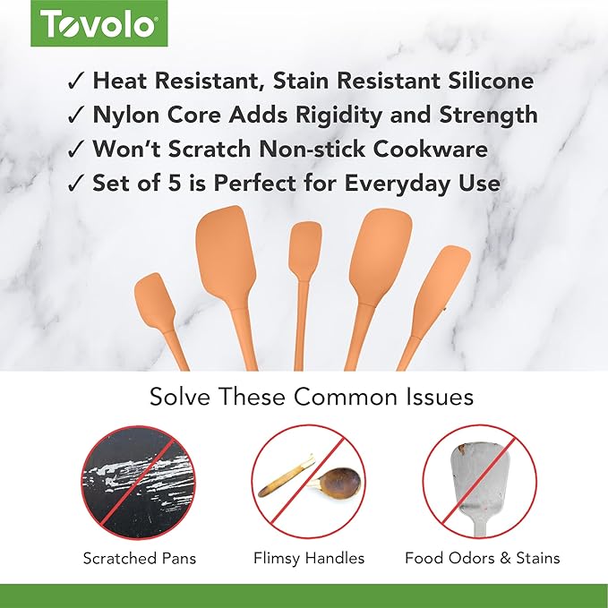 Tovolo Flex Core 5 Piece Silicone Spatula Set Heat Resistant All Silicone Utensils Include Non Stick Spatula Spoonula Jar Scraper, Dishwasher Safe BPA Free Spatulas for Baking Mixing, Apricot Orange