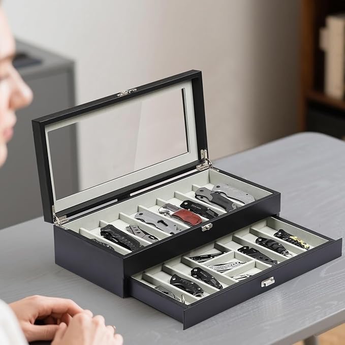 AUTOARK 2-Tier PU Leather & Velvet Knife Organizer with 17 Slots,Transparent Glass Top & Drawer,Compact Storage for Pocket Knives,Perfect for Men's Collections & Gifts,Black,MKAW015