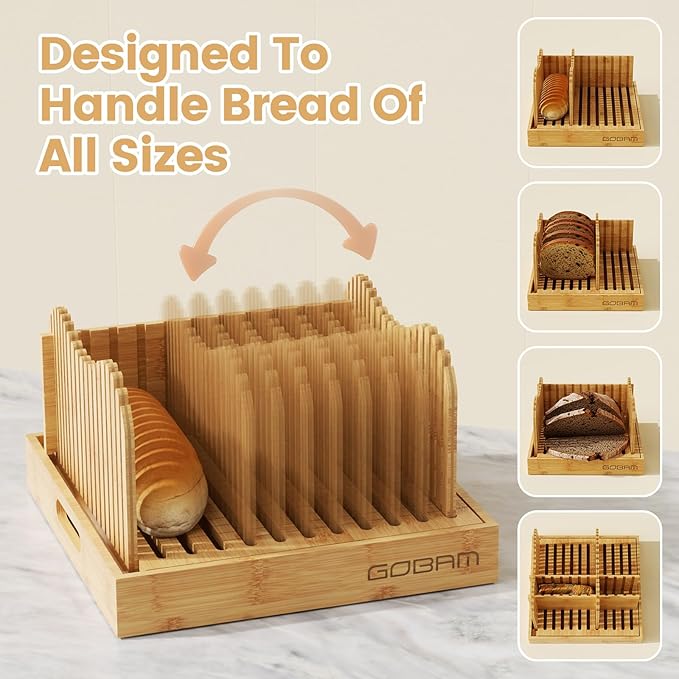 Gobam Adjustable Bamboo Bread Slicer, Fits Bread up to 6.4”H & 10”W, Extra-Large & Tall Design for Sourdough & Homemade Loaves, 3 Thickness Settings, Crumb Tray, Foldable, Ideal Gift for Bread Lovers