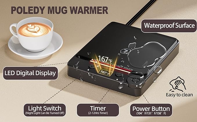 Fast Heating Coffee Mug Warmer,POLEDY Auto Shut Off Cup Warmer, Electric Beverage Warmer for Tea, Milk, Cocoa with 2-12H Timer, 3-Temp Settings Candle Warmer Plate, Black Smart Candle Melter