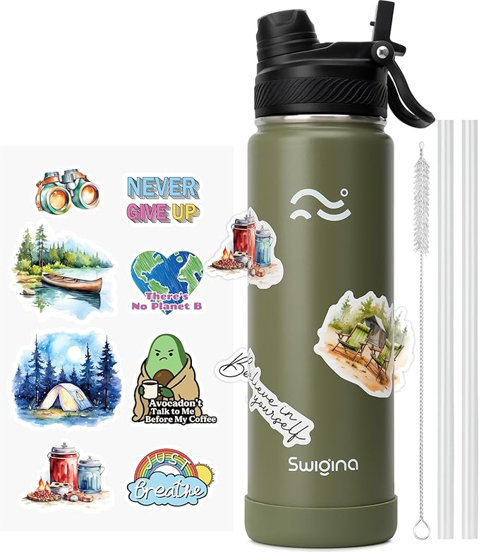 Swigina [2-IN-1 LID] Insulated Water Bottle with Silicone Boot (36hrs Cold/18hrs Hot) - DIY Stickers, Leakproof, BPA Free, 24 oz