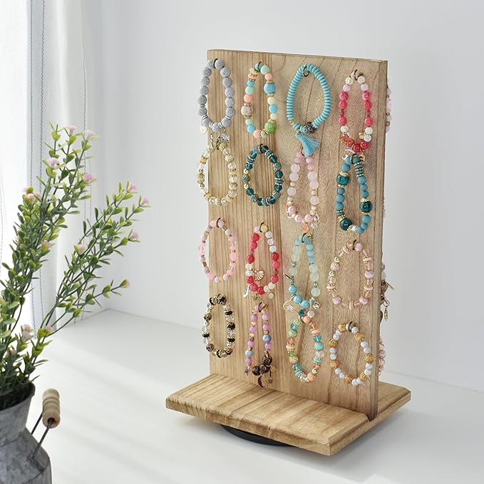Ikee Design Wooden Rotating Two-Sided Jewelry Display Stand, Rotating Organizer with 32 Hooks for Store, Earring Keychain Display with Hooks, Oak color, 9 W x 7.5 D x 16.5 H in