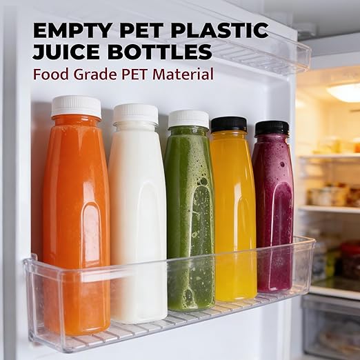 Holotap 30 Pack Empty PET Plastic Juice Bottles 14 OZ Clear Disposable Bulk Drink Bottles with Black Tamper Evident Caps Lids (14 OZ, Black)