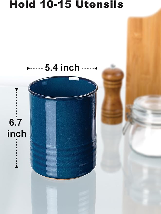 Utensil Holder, 6.7" Ceramic Kitchen Utensil Crock for Countertop Cooking, Modern Utensil Caddy Jar Organizer for Farmhouse Kitchen Counter Décor, Flambe Blue