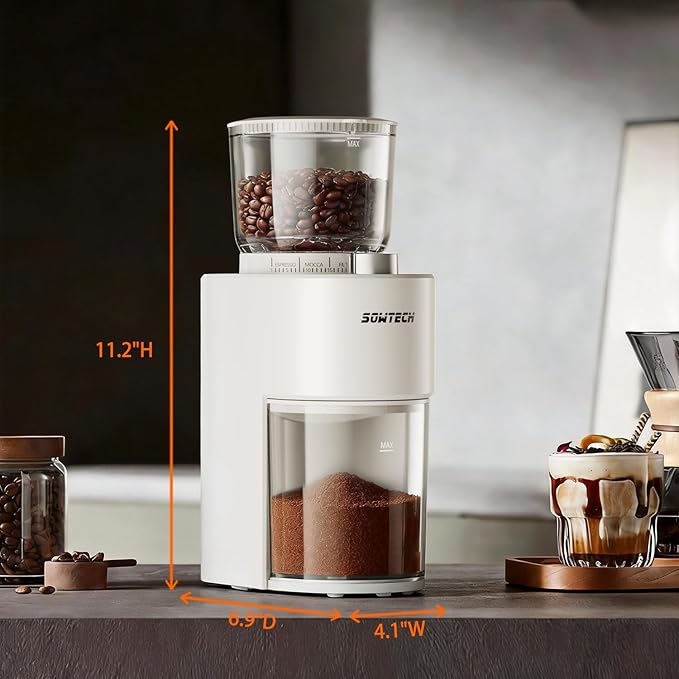 SOWTECH Conical Burr Coffee Grinder, Adjustable Electric Mill, 38 Precise Grind Settings, Precision Timer, for Espresso, Drip and French Press, Home &Office, Black