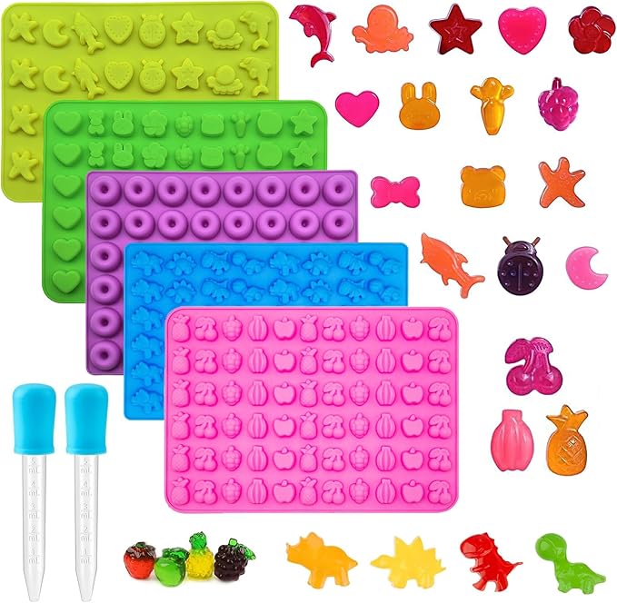 Gummy Candy Molds - Silicone Gummy Dinosaur/Marine Animal/Donut/Small Hearts Shapes/Fruit Snack Mold with 2pcs Dropper,Non-stick and Bpa Free for Mini Candy Chocolate Gummies Baking