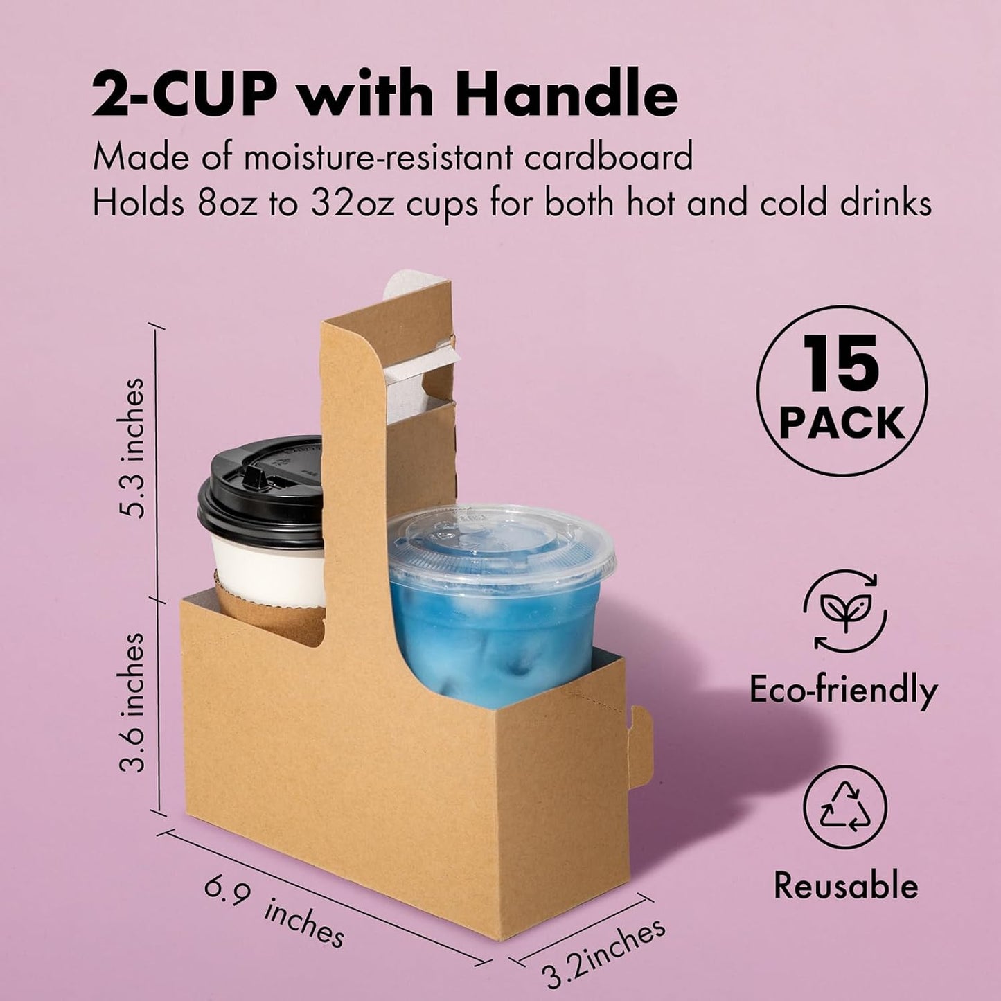 FMP Brands 2 Cup Disposable Drink Carrier with Handle, 15 Pack Kraft Paperboard Handled Drink Carriers 12-30 oz to Go Coffee Cup Holder, Cup Carrier for Cold Hot Drinks, Takeout, Cafe