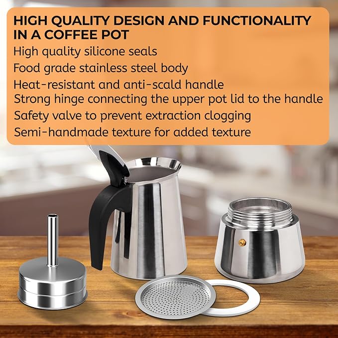 2 Cup 100ml Moka Pot Stainless Steel Espresso Coffee Maker Stovetop Coffeemaker Italian Classic Style Brewing Greca Cafe Mocha Machine for Cafeteras Lover Camping Travel and Home Use 3.3oz
