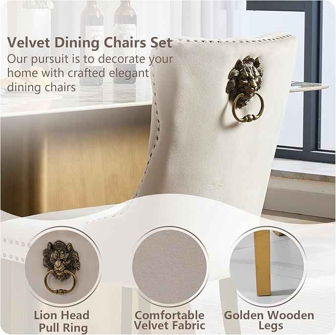 Velvet Dining Chairs Set of 6, Modern Tufted Dining Room Chair, Upholstered Dining Chairs with Lion Head Pulls Ring and Golden Solid Wood Legs, Luxury Kitchen Chairs for Dining Room, Beige