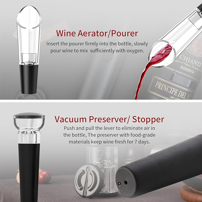 Electric Wine Opener, 6-in-1 Rechargeable Wine Bottle Opener set includes Automatic Corkscrew Wine Opener, Foil Cutter, Vacuum Wine Stopper, etc. Ideal gift for Wine Lovers (Silver)