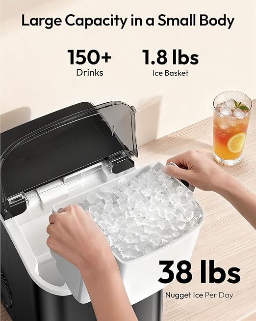 EUHOMY Nugget Ice Maker Countertop with Handle, Ready in 6 Mins, 38lbs/Day, Removable Top Cover, Self-Cleaning, Portable Chewable Ice Maker with Basket, Scoop, for Home/RV/Party/Camping (Black)