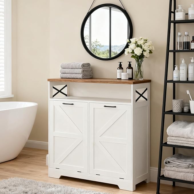 Befrases Tilt Out Trash Can Cabinet for 13 * 1 Gallon Trash Can, Farmhouse Kitchen Island Cabinet with Adjustable Shelf for Hidden Laundry Basket, Dog Proof Garbage Can for Dining Living Room, White