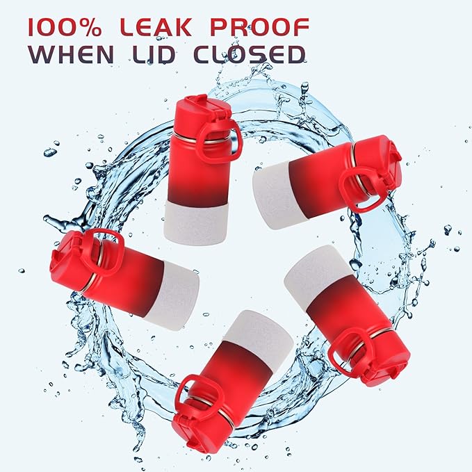 Volhoply 14oz KIds Water Bottle with Straw Lid and Silicone Boot Bulk 2 Pack,Stainless Steel Insulated Cups for Boys & Girls Multipack,Double Wall Vacuum Leakproof Bottles(Red Purple,2)