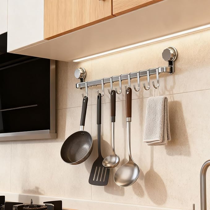 2026 Upgrad Wall Hooks Rack, Space Saving Utensil Holder for Kitchen Bathroom, No Drilling Wall Mounted Accessory Hanger, Kitchen Rail for Hanging Cooking Utensils Mugs Spoons (Grey_C)