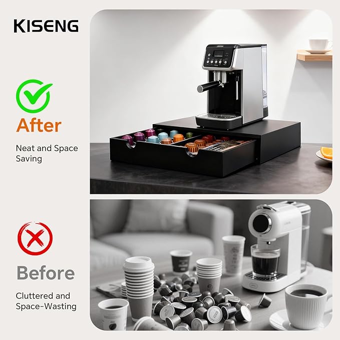 Coffee Pod 15" X 11" X 3" Natural Wood Countertop Organizer Drawer, Counter Top Espresso Tea Bag Station Storage Holder Box, Black