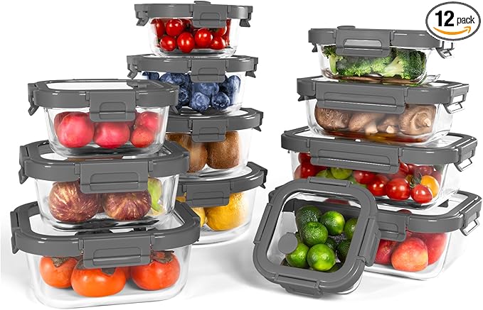 12-Pack Glass Containers with Tempered Lids – Borosilicate, Oven-Safe(-4°F~950°F), Airtight, BPA-Free, Multi-Size for Meal Prep, Dishwasher Safe (Gray)